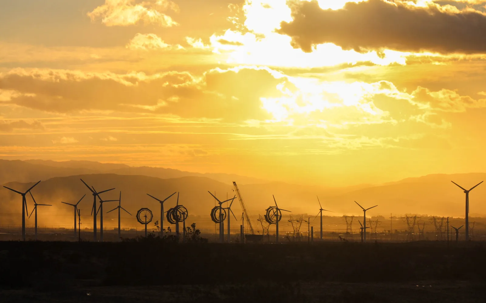 Wind turbines along Highway 62 near Desert Hot Springs after sunrise